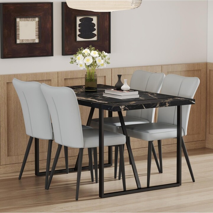 Streamdale Furniture Modern Marble Dining Set Black Table & Light Gray Striped Chairs