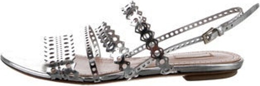 Alaia Leather Slingback Sandals Metallic & Silver Multistrap & Buckle Closure at Ankles Unfortunately, due to restrictions, this item may not be eligible for shipping in all areas.