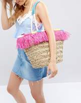 Thumbnail for your product : South Beach Fringe Straw Bag With Wrapped Handles