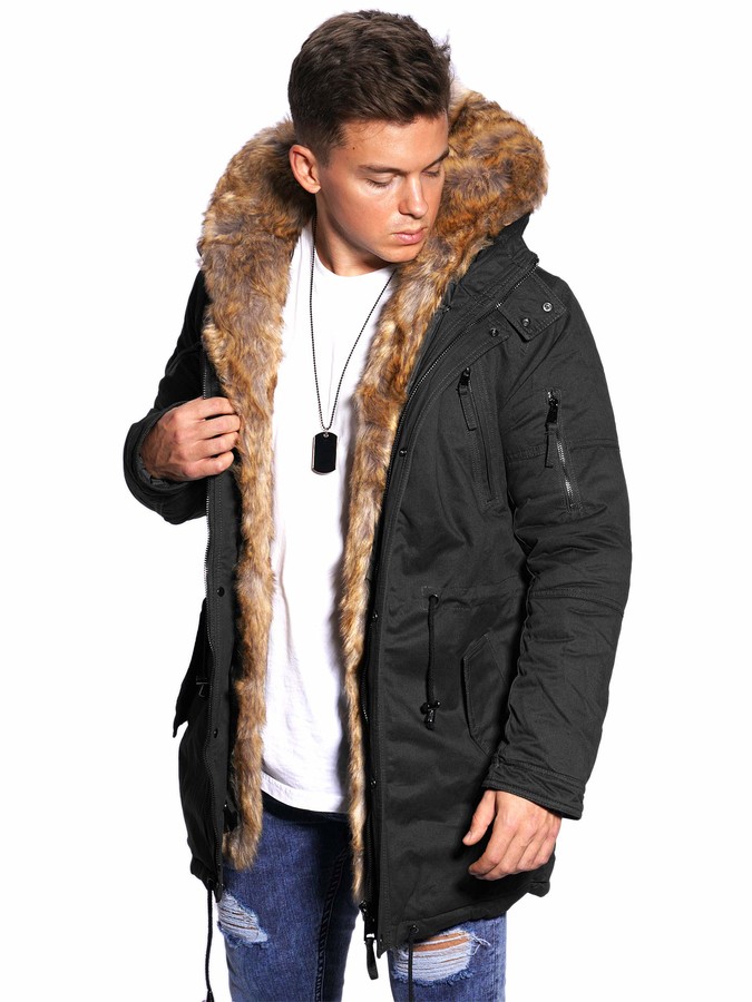 behype. 55-2705 Men's Winter Parka Jacket with Faux Fur & Hood - Black -  Large - ShopStyle