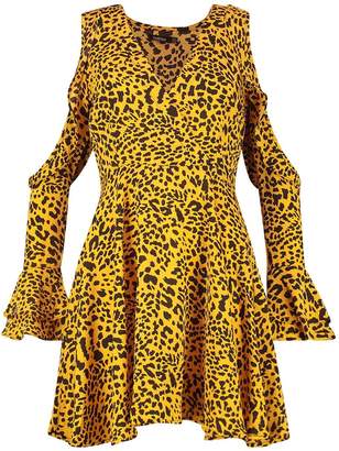 boohoo Woven Leopard Cold Shoulder Frill Skater Dress