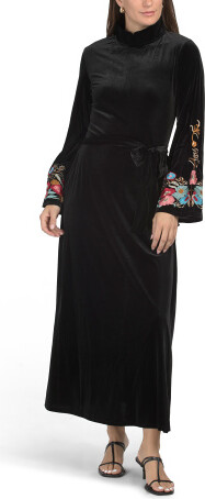 Bell Sleeve Embroidered Velvet Maxi Dress for Women | Polyester/Spandex