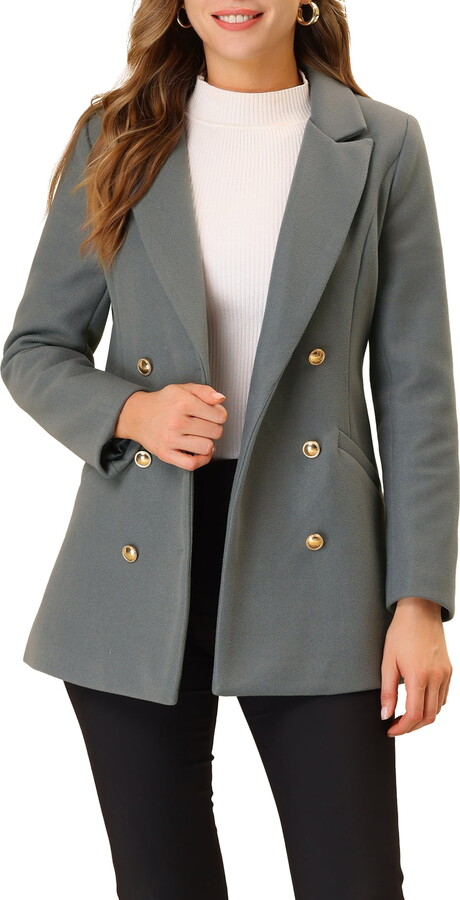 Unique Bargains Juniors Notched Lapel Trenchcoat Double Breasted Winter Outerwear Coats M Grey
