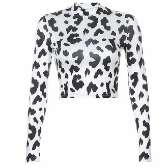 YQYJA Women Summer Bodice Milk Cow Print Turtleneck Long Sleeves  Tightfitting Crop Top (Black White L) - ShopStyle
