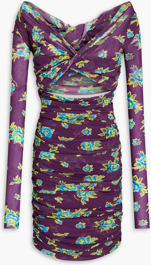 Cutout twisted floral-print tulle mini dress