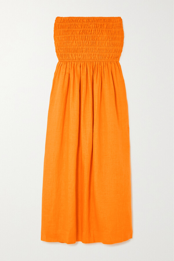 Faithfull The Brand Musee Strapless Smocked Linen Midi Dress