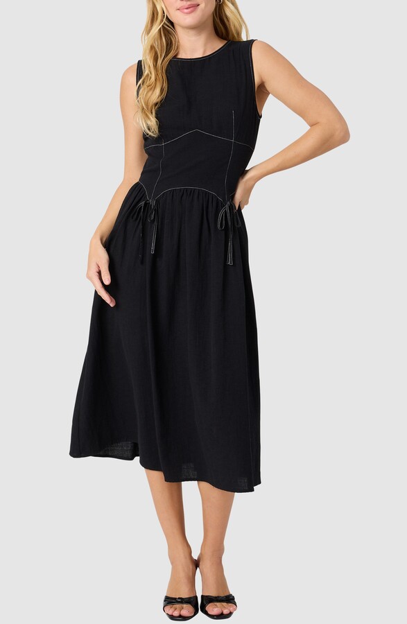 Lush Contrast Stitch Sleeveless Cotton Midi Dress
