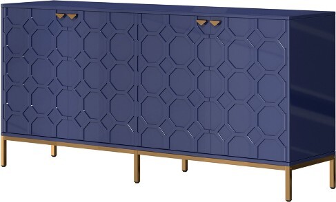 clihome CLIHOME4DoorLockerAccentCabinet64''UtilityStorageCabinetsCredenzasConsoleTableWithGoldMetalLegsBlue