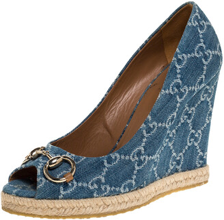 denim peep toe wedges