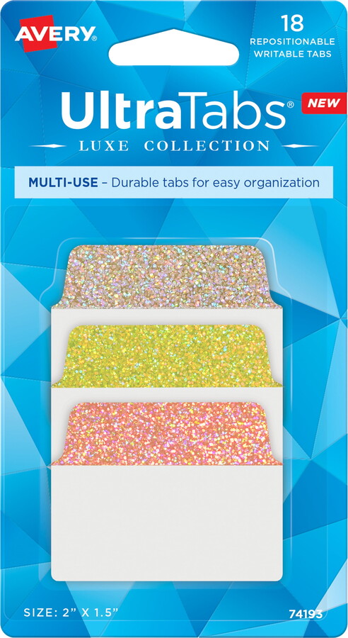 Avery Ultrabs Luxe, Multi-Use Style, 2" x 1.5", Film, Write-on Tab, Assorted Orange, 18 Tabs