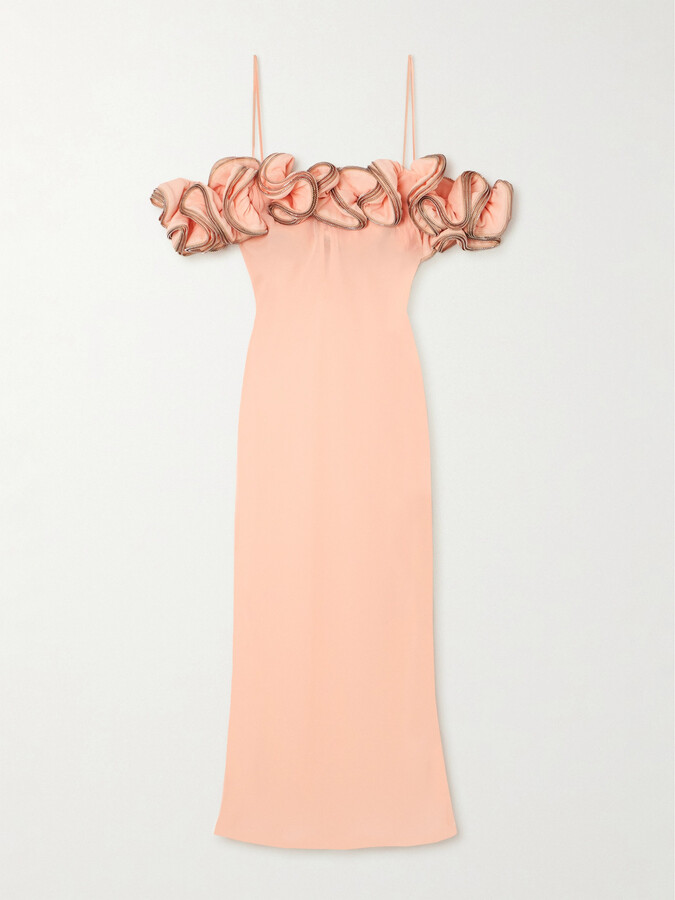 Coperni Off-the-shoulder Zip-embellished Ruffled Chiffon Midi Dress - Orange