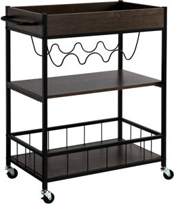 17 Stories Three-Tiered Rolling Kitchen Cart With Four Wine Bottle Holder - Brown & Black Metal. Strong Metal Frame And Locking Wheels. Shelves Keep Items From F