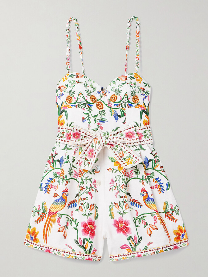Farm Rio - Belted Floral-print Linen Playsuit - White