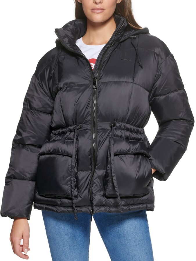 puffer coat with cinched waist