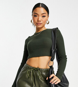 Noisy May Petite ribbed long sleeve crop top in dark green - ShopStyle