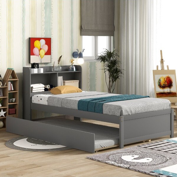 GDFStudioBaelorModernWoodenBedwithTrundleandBookcaseGrayTwin