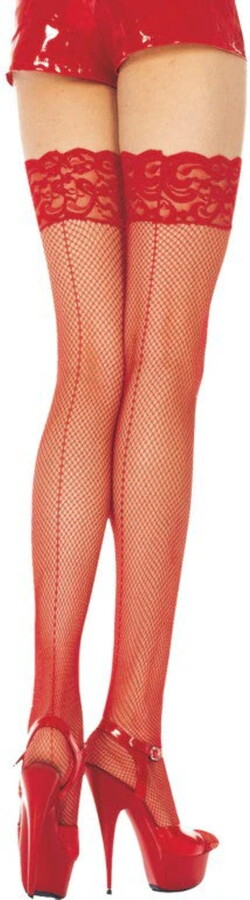 Music Legs Women’s Women’s Backseam and Lace Top Fishnet Thigh High 4919-Red