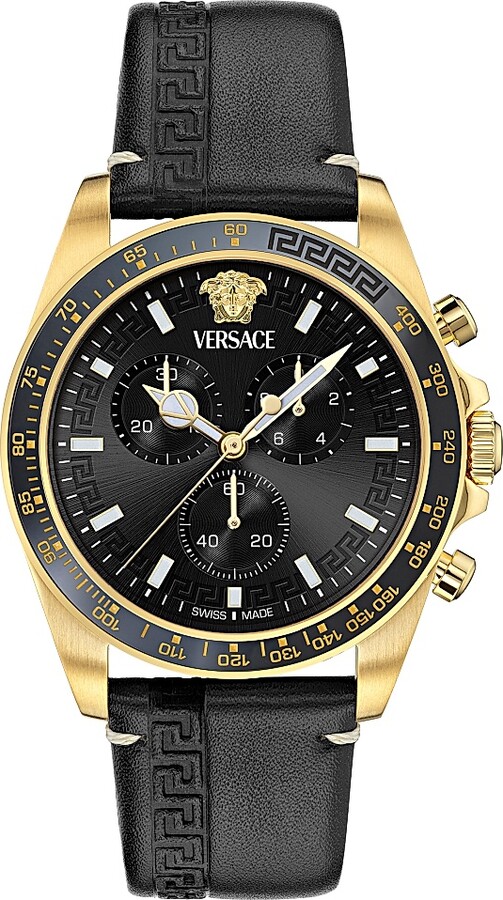 Men's Greca Chrono Wave Goldtone & Leather Strap Watch/43MM - Yellow Gold