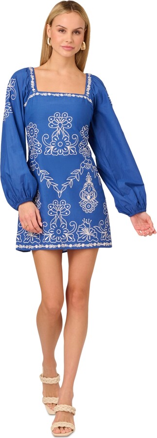 Adrianna by Adrianna Papell Women's Cotton Embroidered Sheath Dress - Blue/white