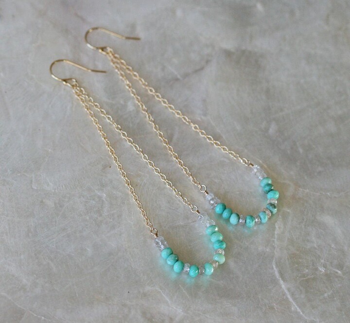 Etsy Gold Filled Chrysoprase Earrings Long Gemstone Dangle Green Blue Swing