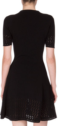Kenzo Short-Sleeve Scalloped Fit-and-Flare Dress, Black
