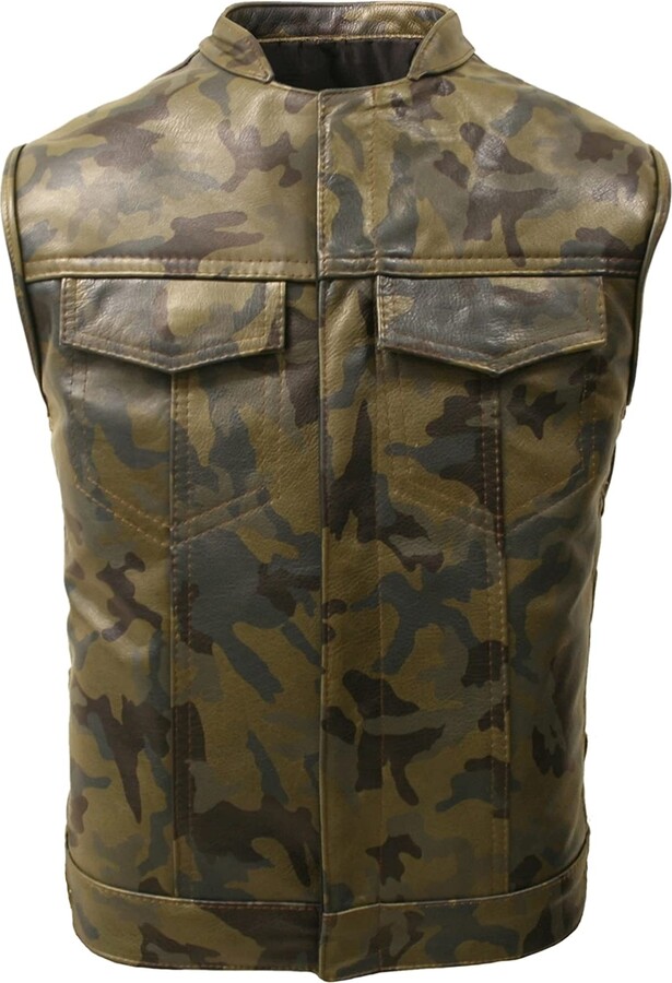 e_Genius Men Camouflage Brown Leather Biker Vest Motorcycle
