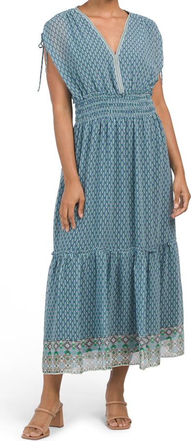 Max Studio Tie Sleeve Smocked Waist Tiered Maxi Dress - ShopStyle