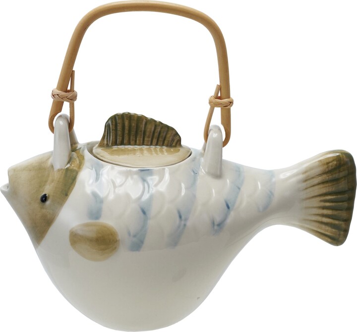 Storied Home Stoneware Fish Shaped Teapot with Metal Strainer and Wrapped Handle