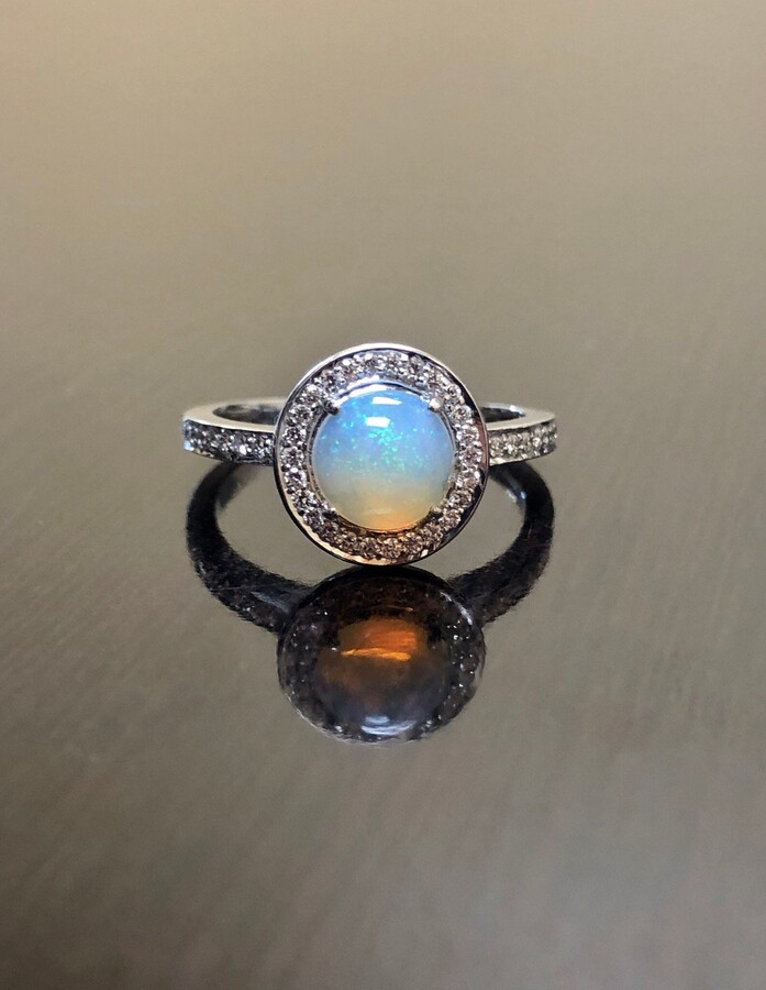 Etsy 18K White Gold Halo Diamond Opal Engagement Ring - Art Deco Wedding