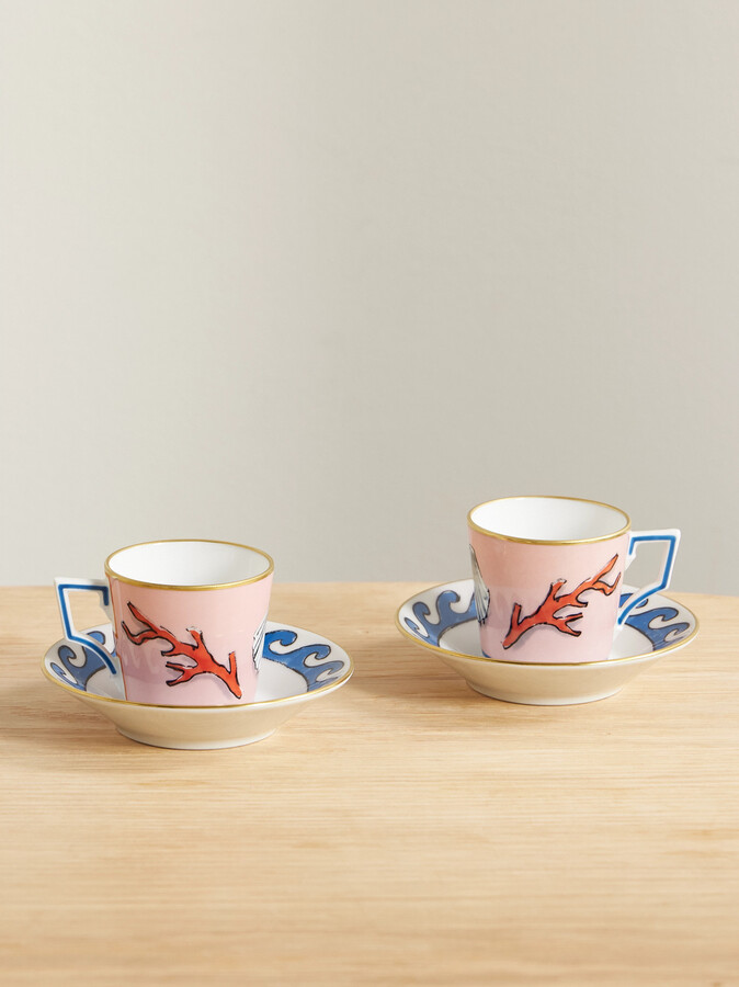 GINORI 1735 + Luke Edward Hall Il Viaggio Di Nettuno Set Of Two Gold-plated Porcelain Coffee Cups And Saucers - Pink
