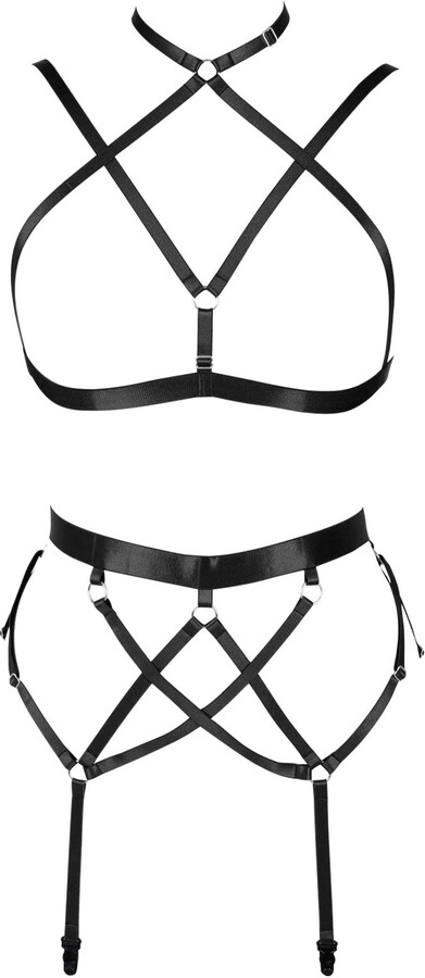 JMMHSS Strappy Pentagram Harness Set Women's Punk Gothic Caged Bra Elastic Plus Size Leg Waist Stockings Garter Belts 