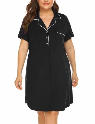 IN'VOLAND Women's Plus Size Nightgowns Short Sleeve Pajama Dress V Neck Button Down Nightshirt Sleepwear Solid Black