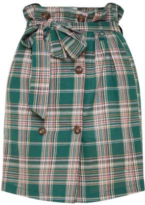 PrettyLittleThing Green Check Tie Waist Button Mini Skirt