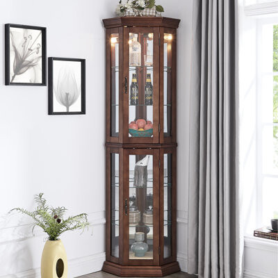 Graceful Mirrored Curio Cabinet, Lighted, Display Decorations Splendid Lighted Walnut Adjustable Shelves, Exhibit Handicrafts