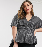 Thumbnail for your product : New Look Plus New Look Curve peplum wrap top in silver sequin