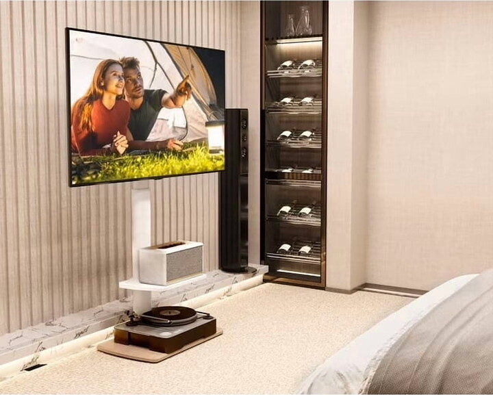 FITUEYES Floor TV Stand for 32-70 Inch Flat or Curved TVs up to 88 lbs, Height Adjustable, with 1 shelf and Swivel TV Mount Stand with Sturdy Wood Base, White