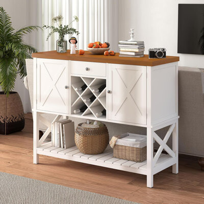 Gracie Oaks White & Light Oak Bar Cabinet Console Table With 2-Door Cabinet Drawer & Wine Rack | Coffee Bar Sideboard With Storage Shelf For Dining Room Kitchen