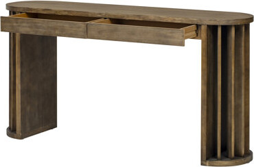 Latitude Run Oak Veneer 59-Inch U-Style Console Table, Curved And Straight Line Design, Behind Couch, Entryway, Two Large Drawers Long Table With Veneer, Lines, En