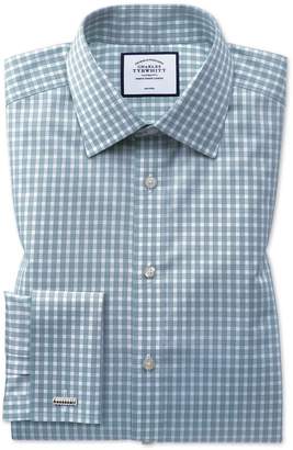 Charles Tyrwhitt Classic Fit Non-Iron Twill Gingham Teal Cotton Formal Shirt Double Cuff Size 15.5/32
