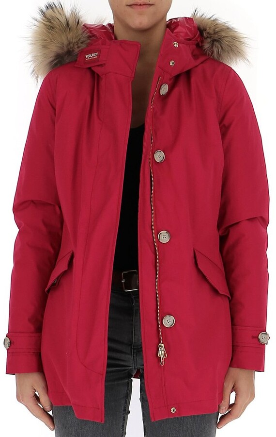 red womens parka with fur hood
