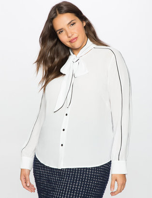 ELOQUII Tie Neck Blouse with Contrast Piping