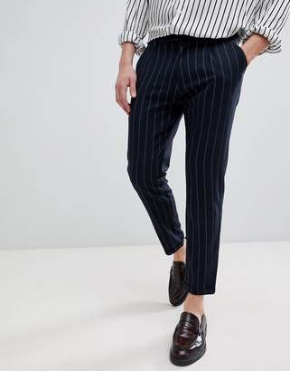 Pull&Bear Striped Tailored Trousers In Navy