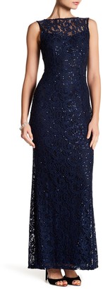 marina sleeveless illusion yoke lace gown