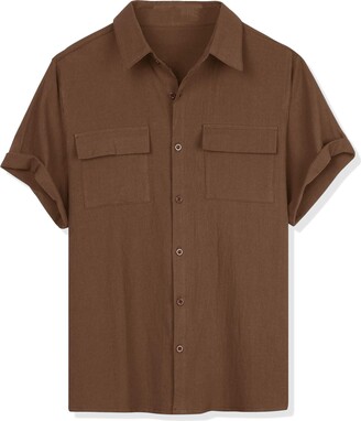 Lars Amadeus Men's Summer Short Sleeves Button Down Solid Shirt with  Pockets Brown X-Large - ShopStyle