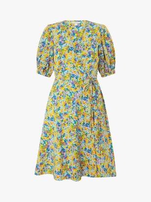 Monsoon Louis Organic Cotton Floral Print Wrap Dress, Blue/Multi