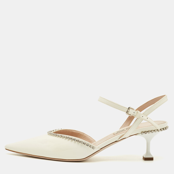 Miu Miu Size 39 White Patent Leather Crystal Embellished Ankle Strap Pumps