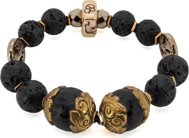 Ebru Jewelry Gold / Black Chunky Nepal Beads Black Lava Beaded Bracelet - Gold