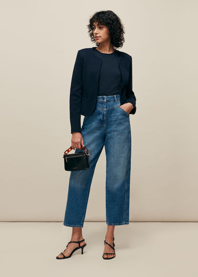 navy blue collarless jacket