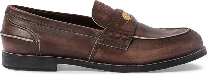 Miu Miu Women's Vintage-Effect Leather Penny Loafers - Brown - Size 5
