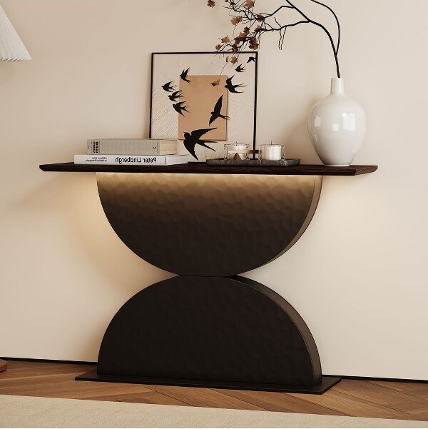 KTMBDWModernConsoleTablewithDoubleSemi-CirclesBase47.2inchWoodEntrywayTableSofaTableContemporaryAccentTableforLivingRoomBlack
